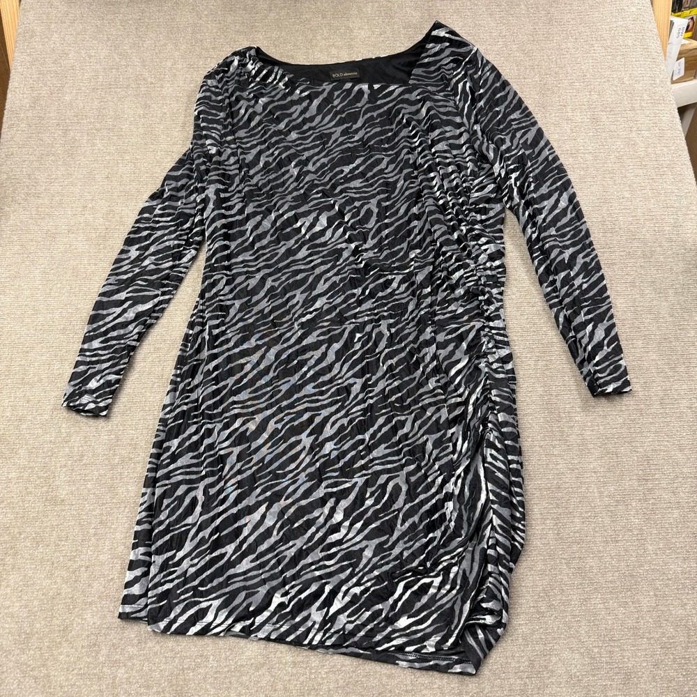 Bold Elements Womens 2X Zebra Print Ruched Side Long Sleeve Dress